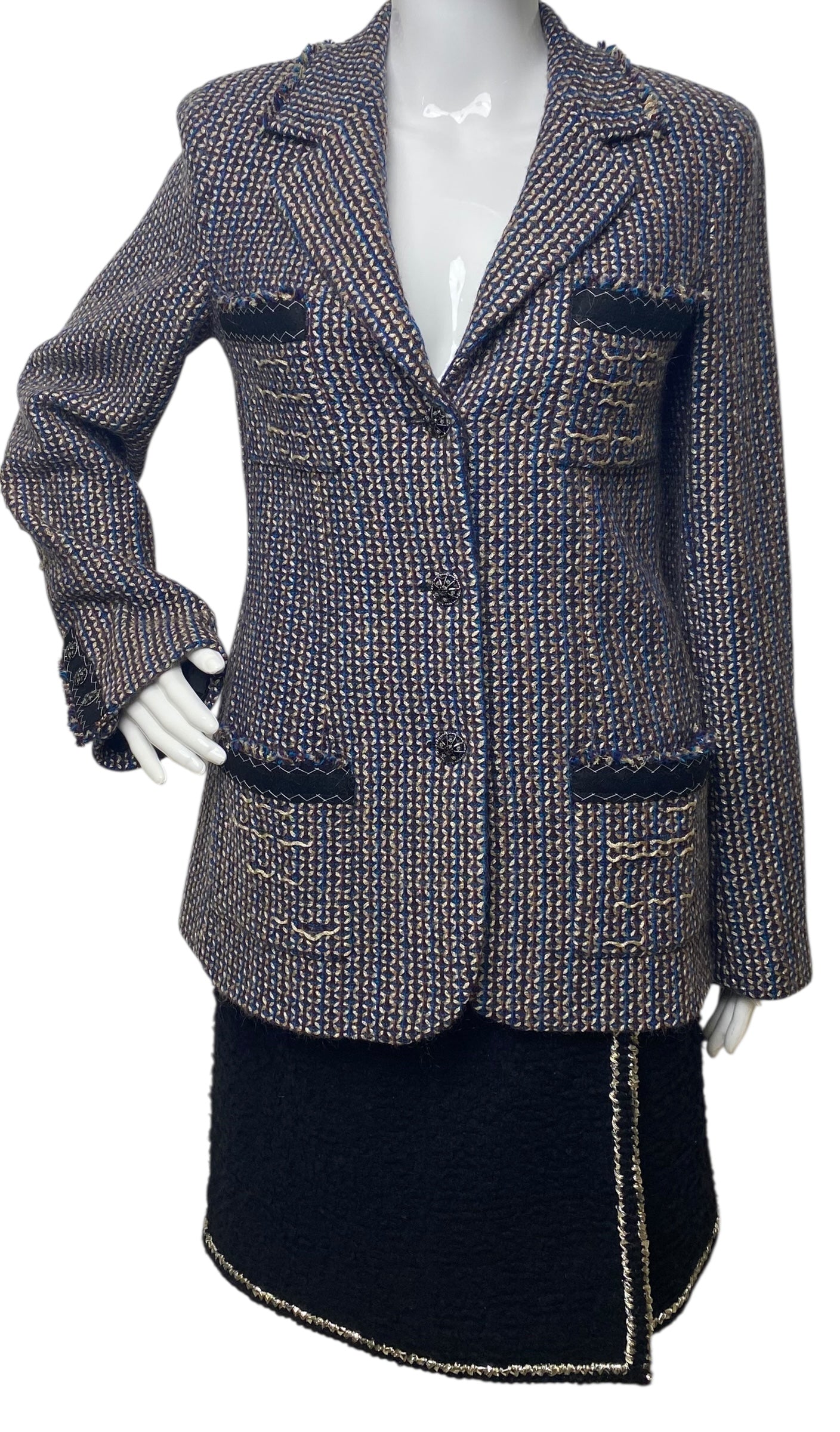 Rare Chanel 08A Runway Tweed Turquoise Blue Multicolor Gold Blazer Jacket FR 36
