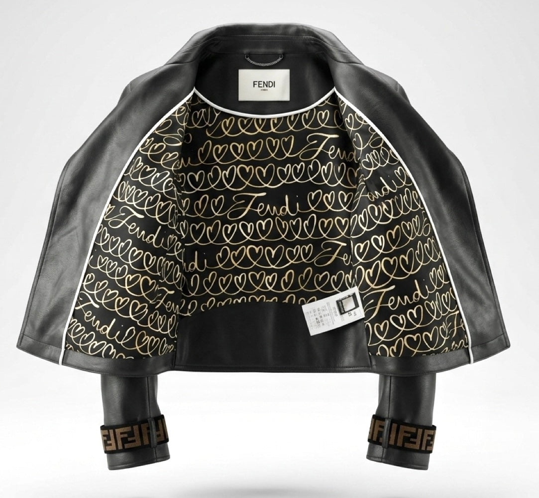 Fendi Black Leather Zucca Velvet Trim Biker Jacket IT 40