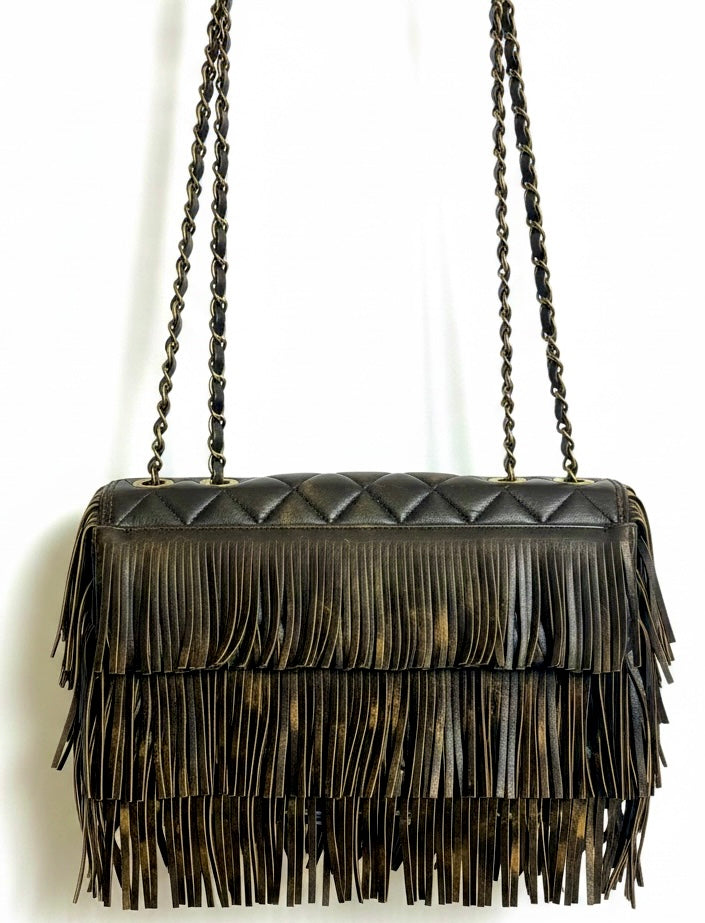 Rare Chanel 14A Paris Dallas Medium Brown Metallic Leather Fringe Classic Flap Bag