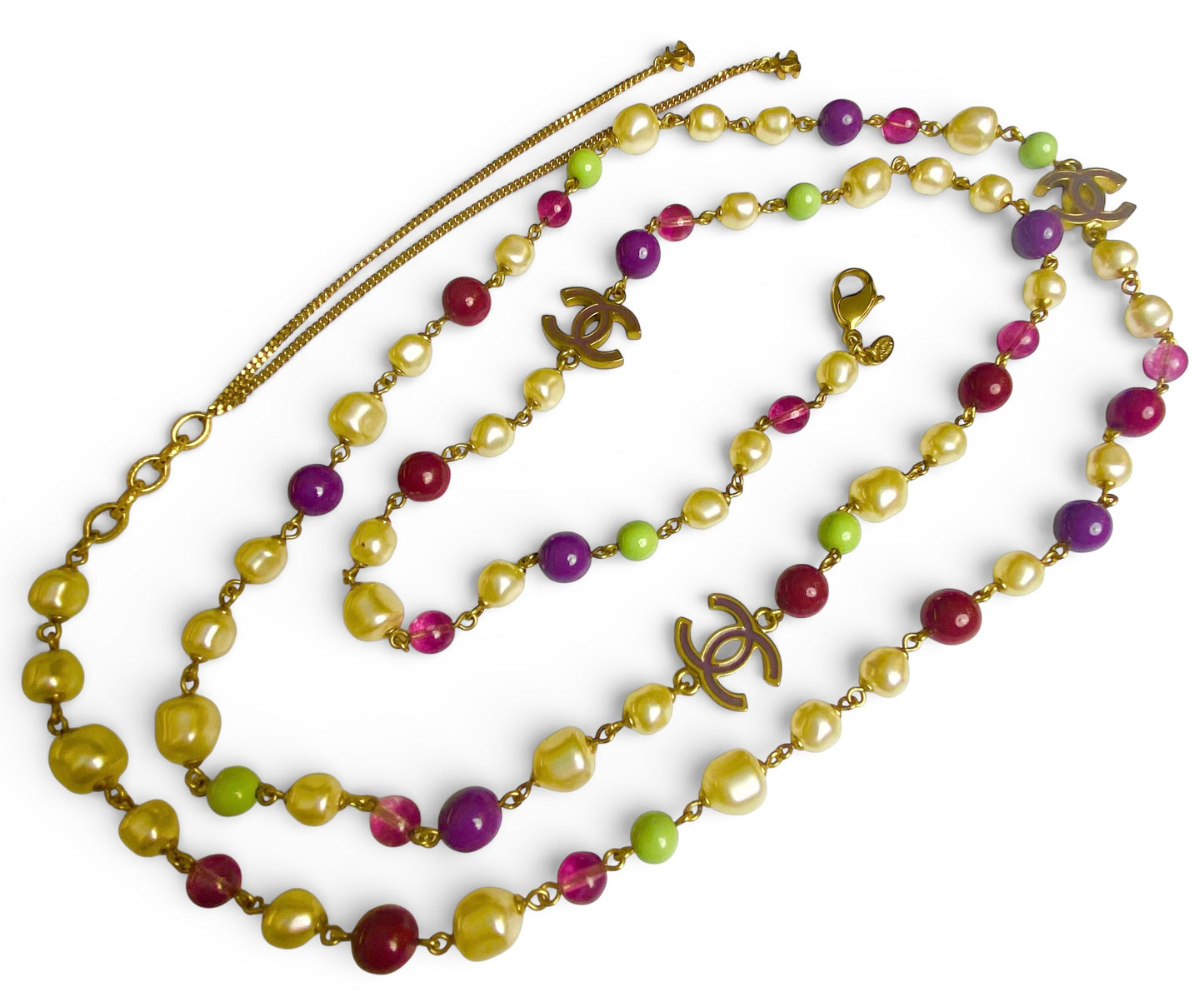 Chanel 11P Extra Long Strand CC Multicolor Necklace Gold Hardware