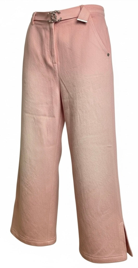 Chanel 19S Sand by the Sea CC Buckle Light Pink Cotton Wide Leg Jeans FR 44