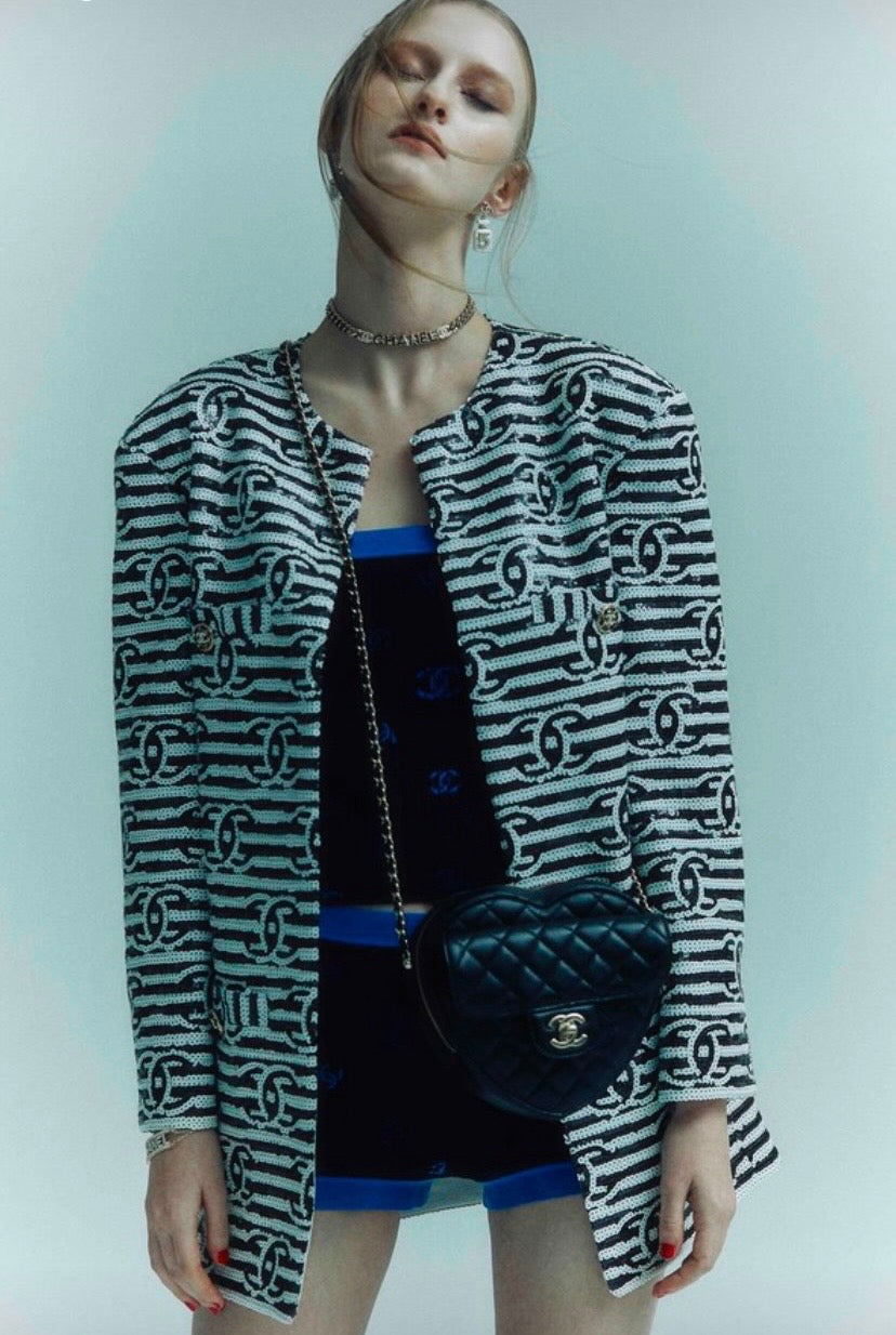 Chanel 22S Runway Sequin CC Logo Black and White Jacket FR 40