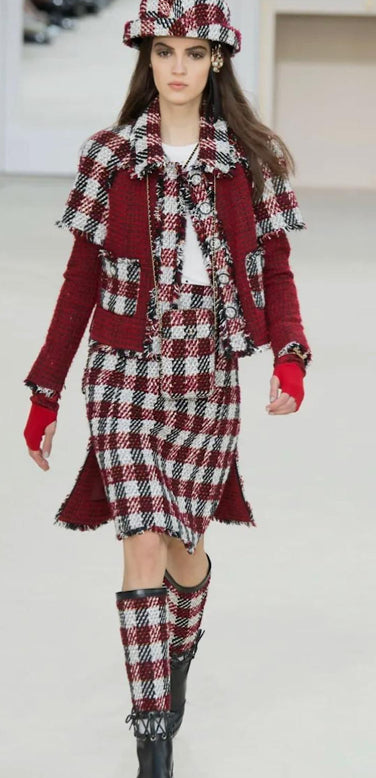 Chanel 16A Runway Burgundy Plaid Tweed Fringe Jacket FR 40