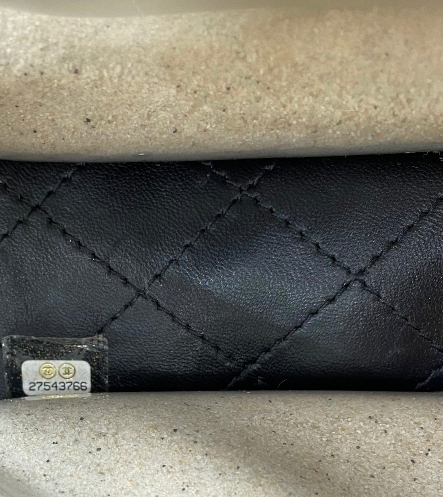 Chanel 19S Runway Medium Black Lambskin PVC Sand By The Sea Pearl Strap Flap Bag
