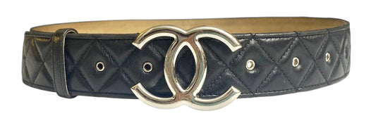 Chanel 14A Black Quilted Lambskin Silver CC Logo Belt 80/32