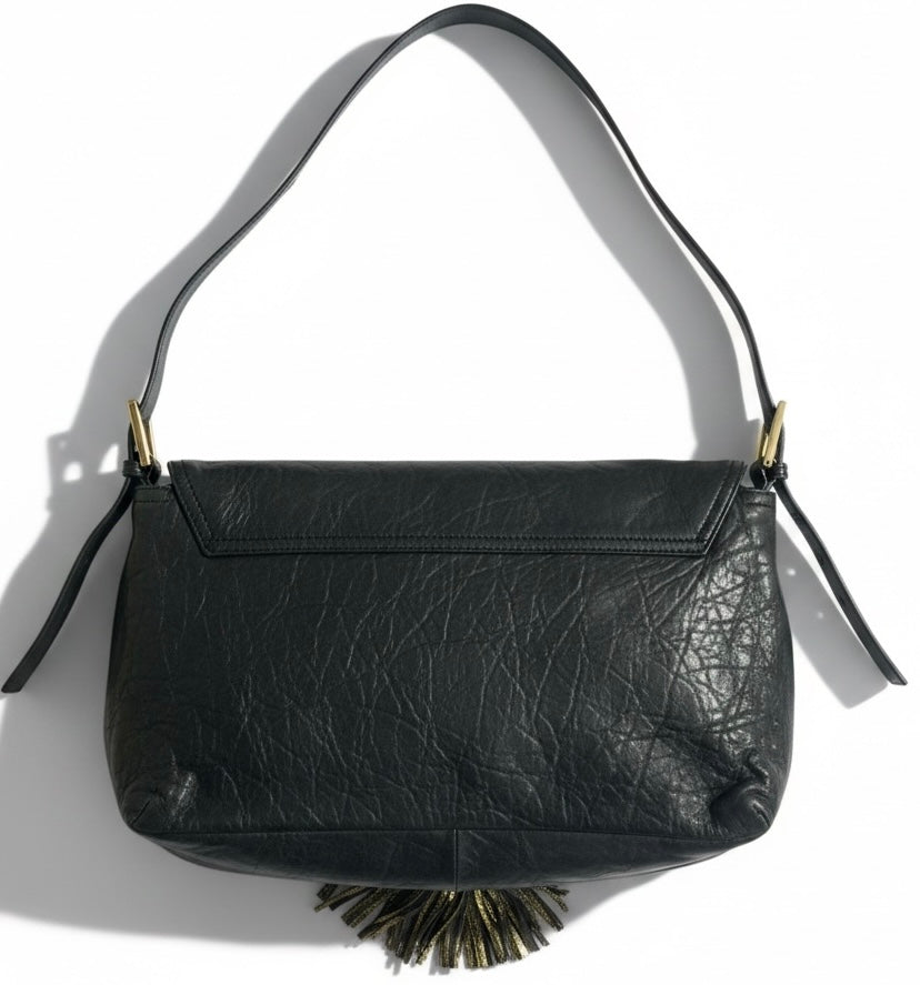 Vintage Fendi XL Black Gold Metallic Leather Wild Fringe Baguette Shoulder Crossbody Bag
