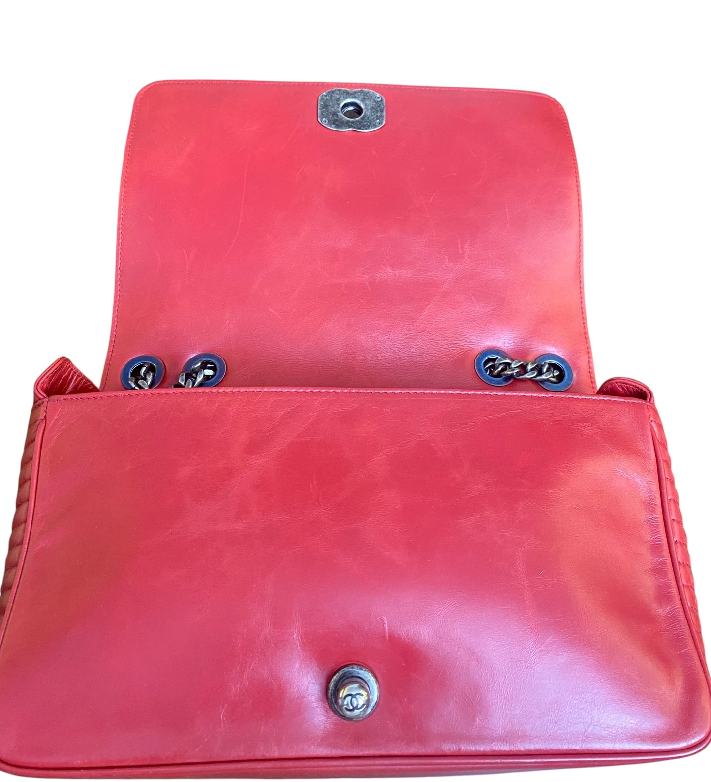 Chanel Red Quilted Glazed Aged Calfskin Leather Medium Coco Boy Flap Bag