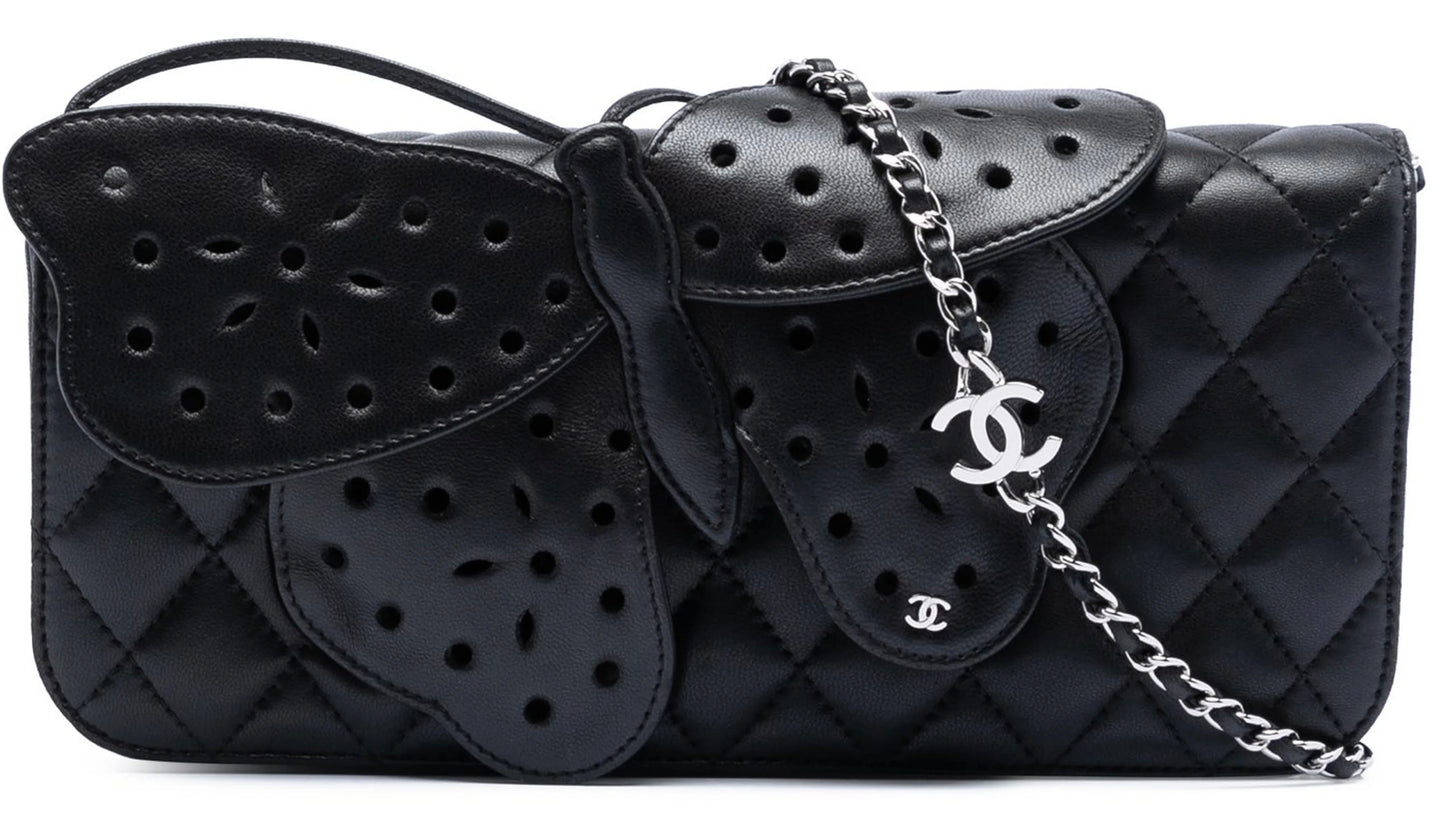 Rare Chanel 2011 Lambskin Black Butterfly Ornament Clutch Crossbody Flap Bag