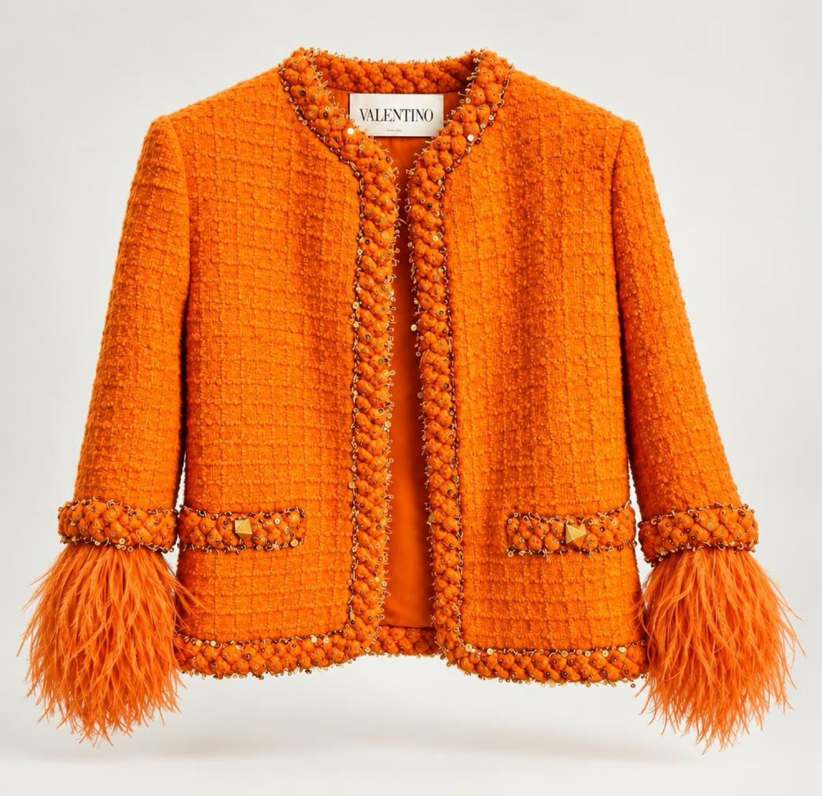 Valentino Orange Tweed Sequin Ostrich Feathers Jacket IT 38/40 US S/M