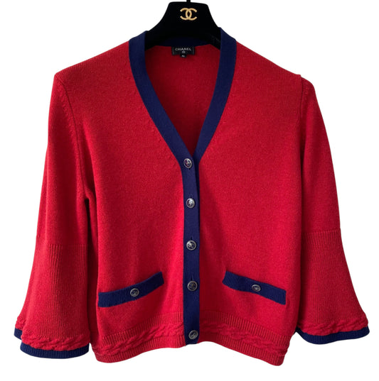 Chanel Cashmere Red and Navy Blue Classic Cardigan FR 42