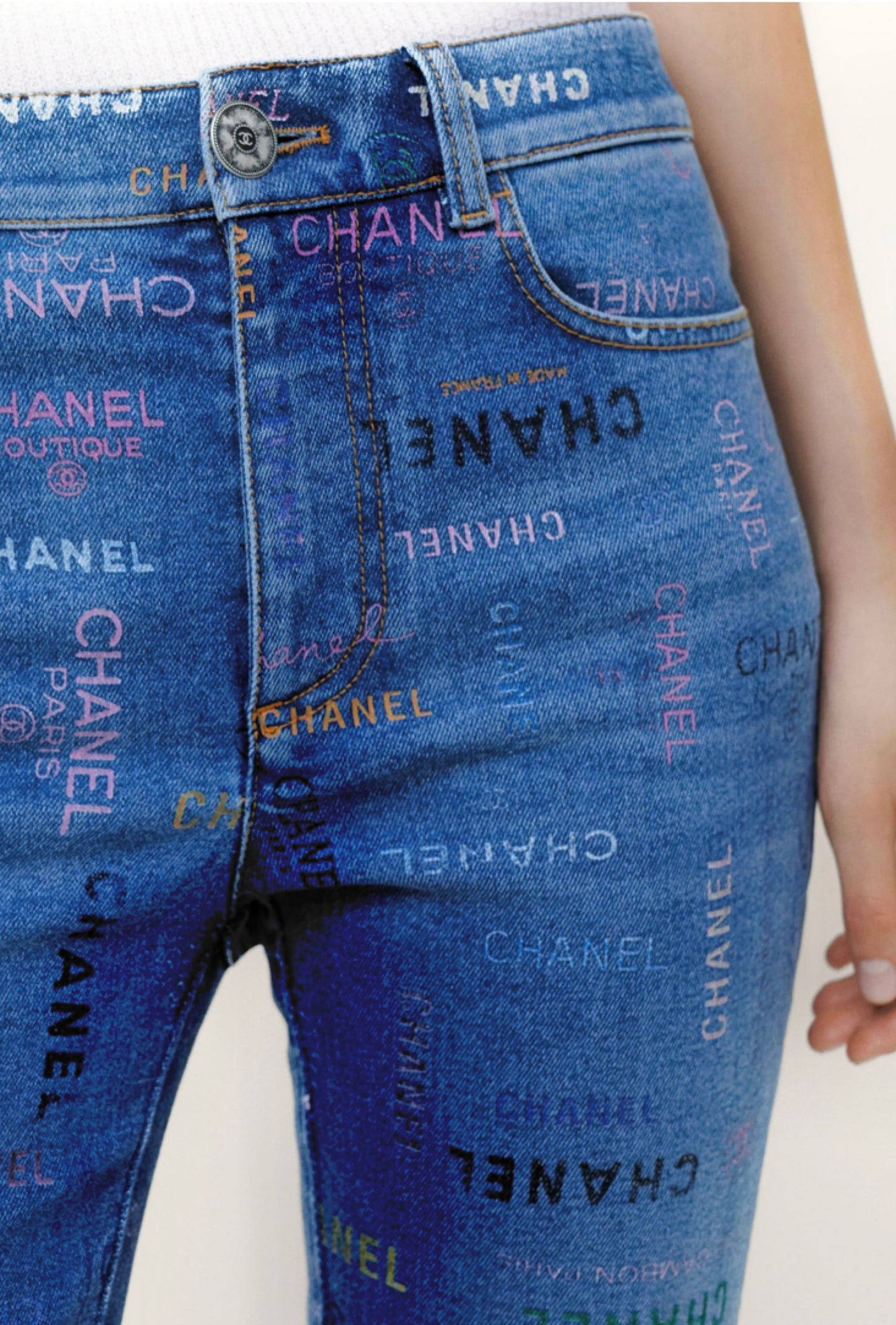 CHANEL 22P Blue & Multicolor Logo Printed Denim Jeans FR 40