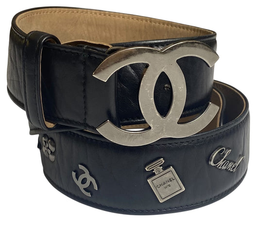 Chanel 12P Lucky Charms Black Distressed Glazed Calfskin Leather Belt Size 85/34