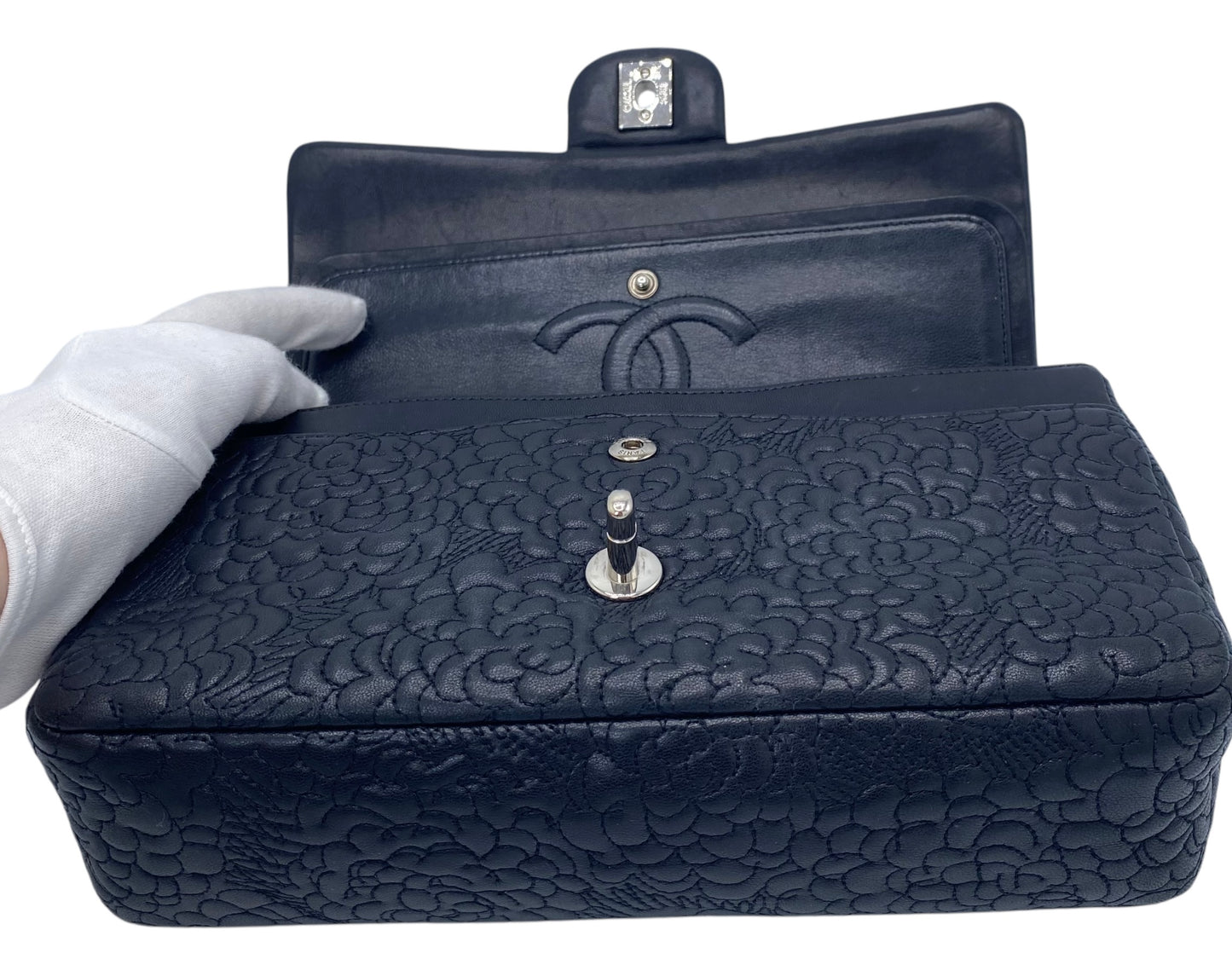 Chanel Black Camellia Embossed Lambskin Classic Timeless Medium Double Flap Bag SHW