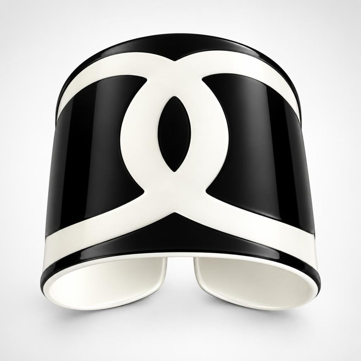 Chanel 2004 CC Wide Black White Resin Statement Bracelet Cuff