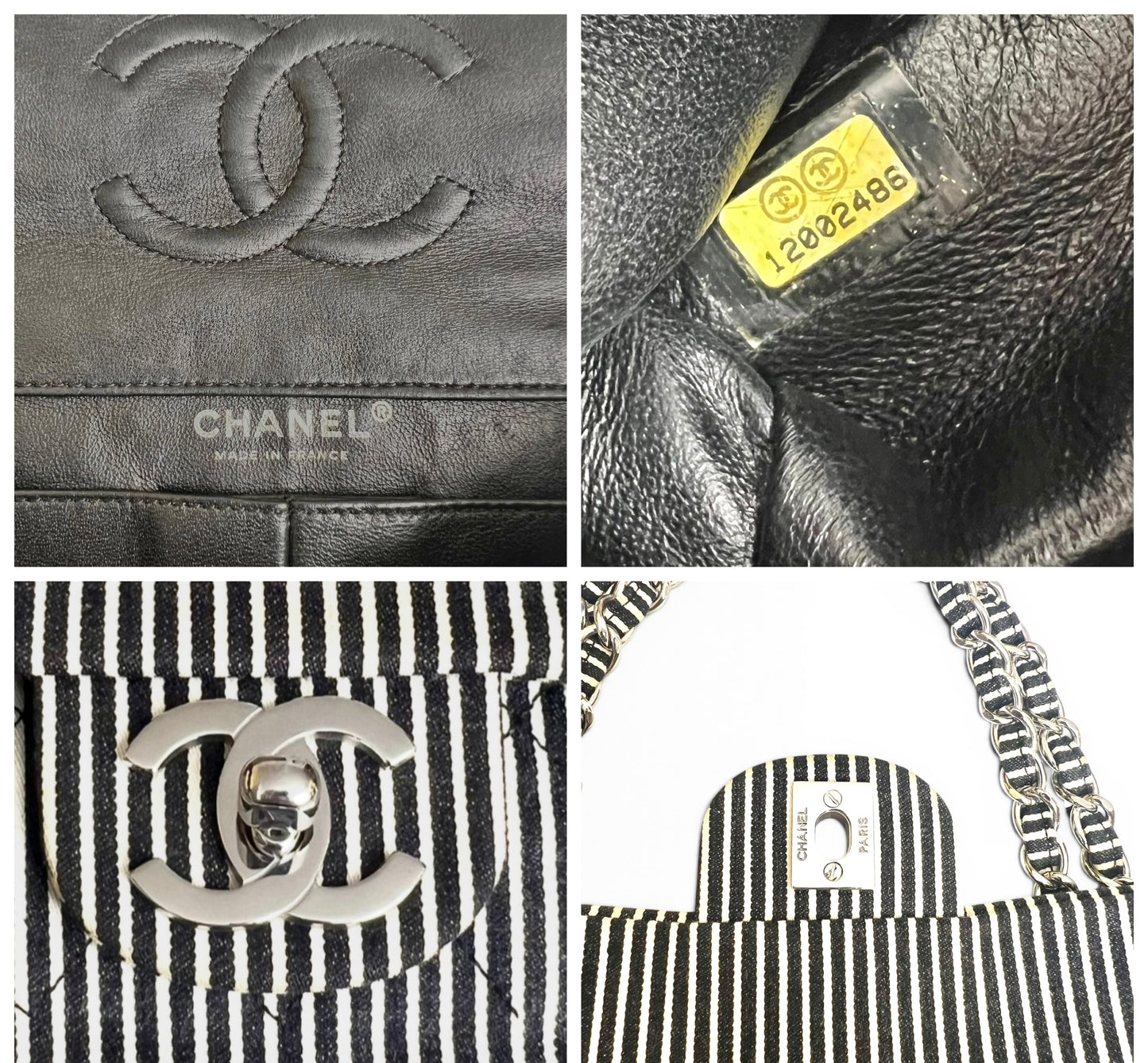 Chanel 08C Medium Black White Stripe Denim Canvas Classic Double Flap Bag