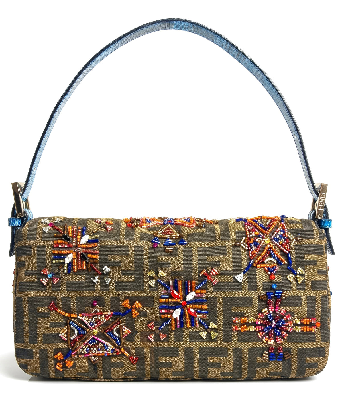 Fendi Vintage Blue Lizard Trimmed Embroidered Beaded Classic Zucca Baguette Bag