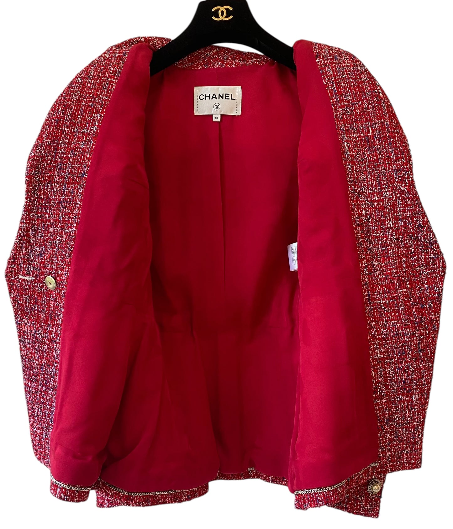 Chanel 19C La Pausa Red Tweed Pearl Jacket FR 38