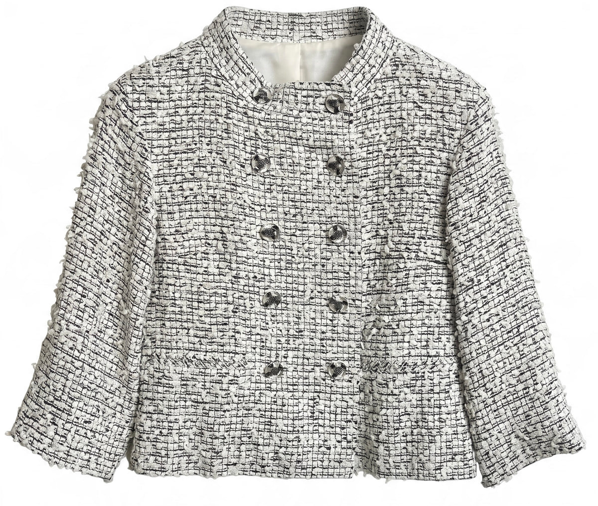 Chanel 11P Runway White Black Tweed  Double Breasted Jacket FR 38