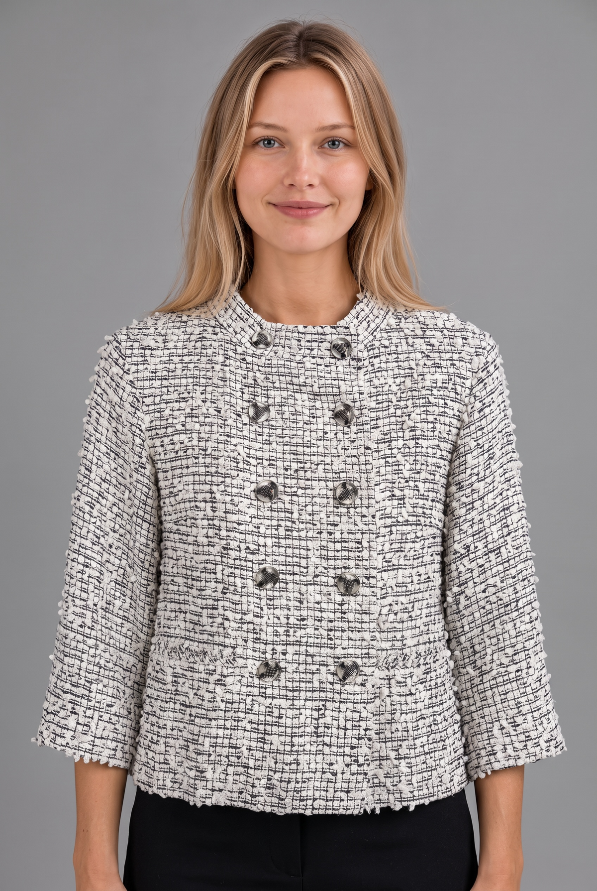 Chanel 11P Runway White Black Tweed  Double Breasted Jacket FR 38