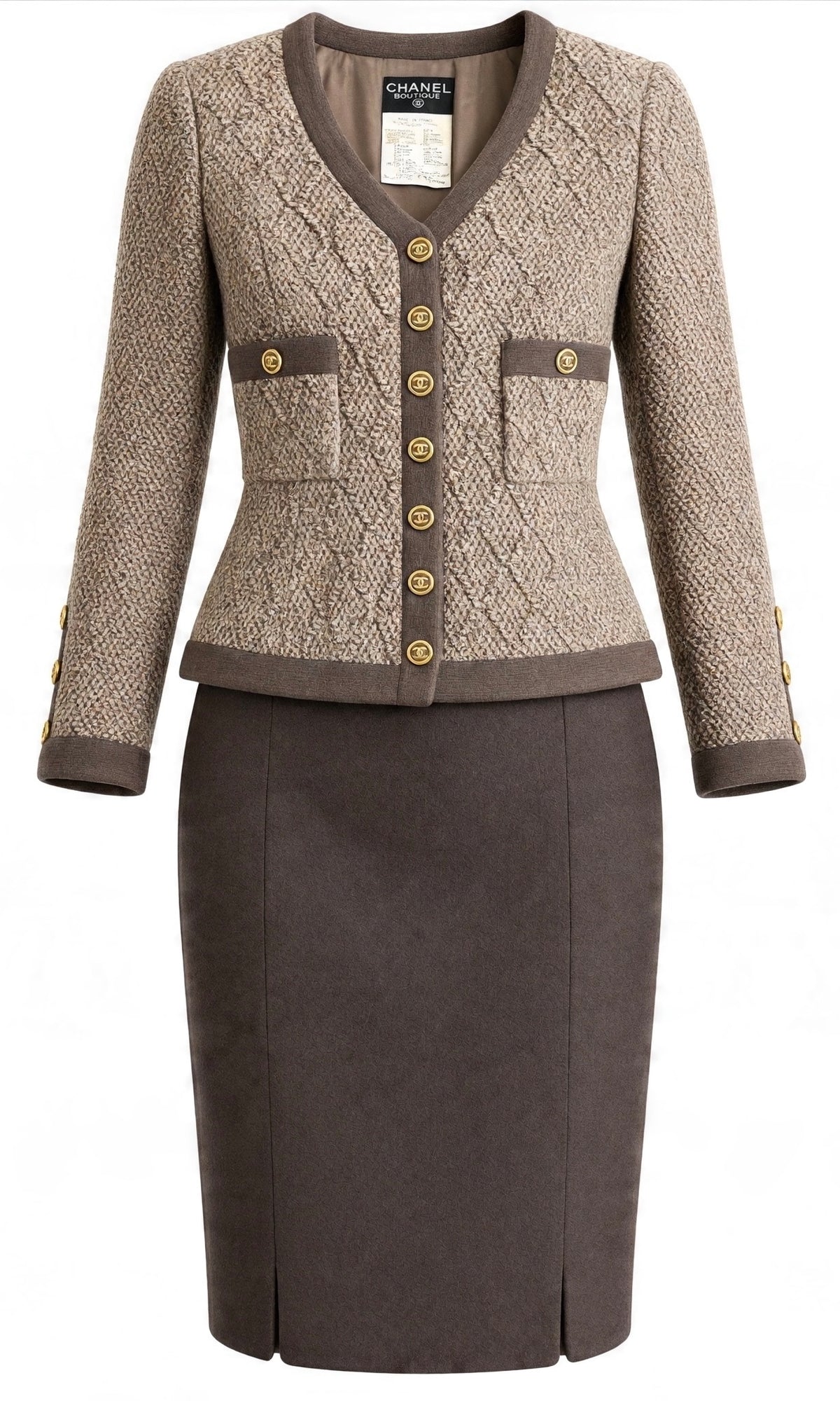 Vintage Chanel 94A Brown Boucle Wool Skirt Suit FR 36