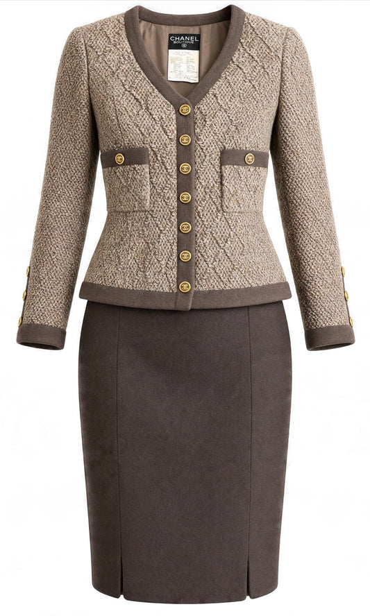 Vintage Chanel 94A Brown Boucle Wool Skirt Suit FR 36