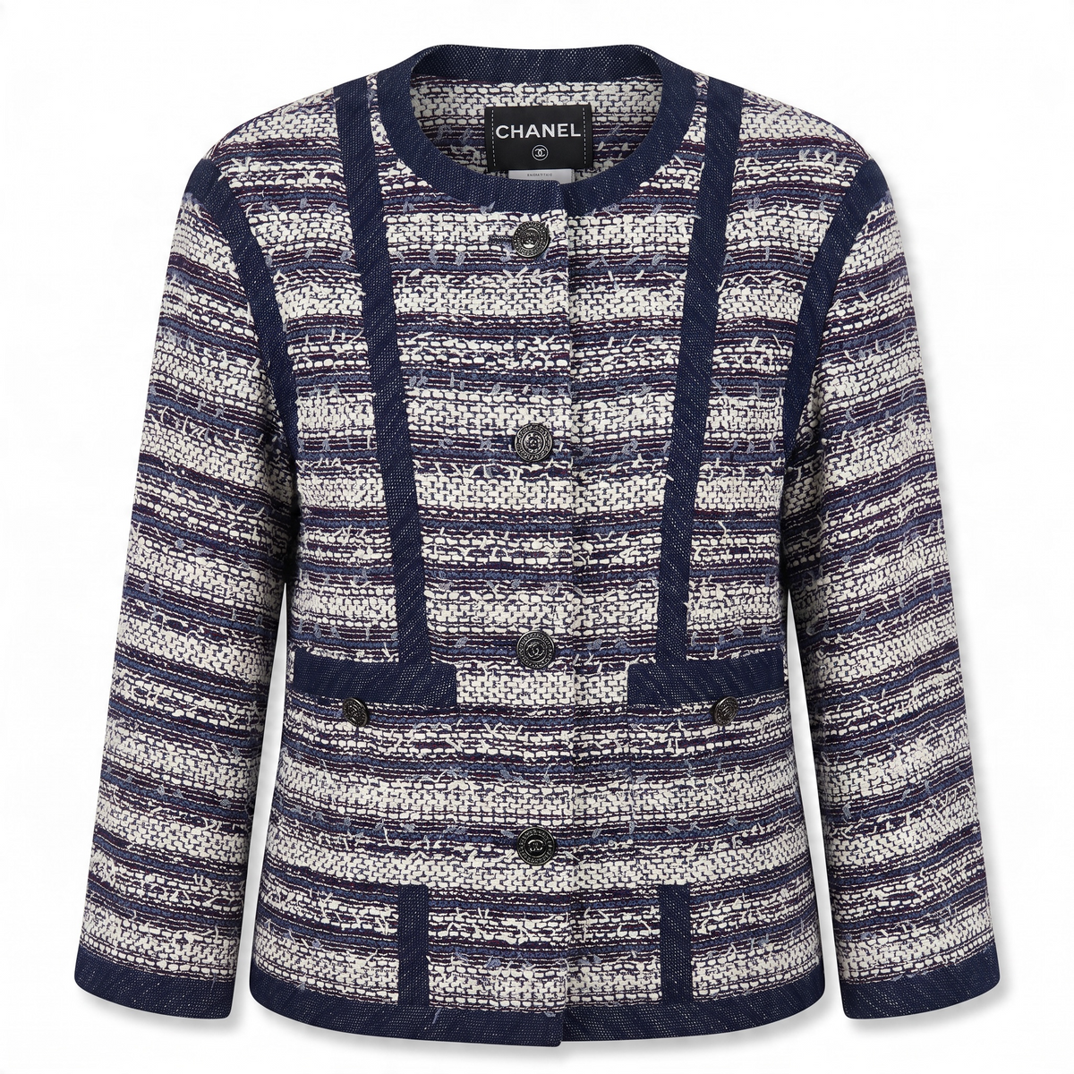 Chanel 13P Paris-Singapore Navy Blue White Tweed Jacket FR 46