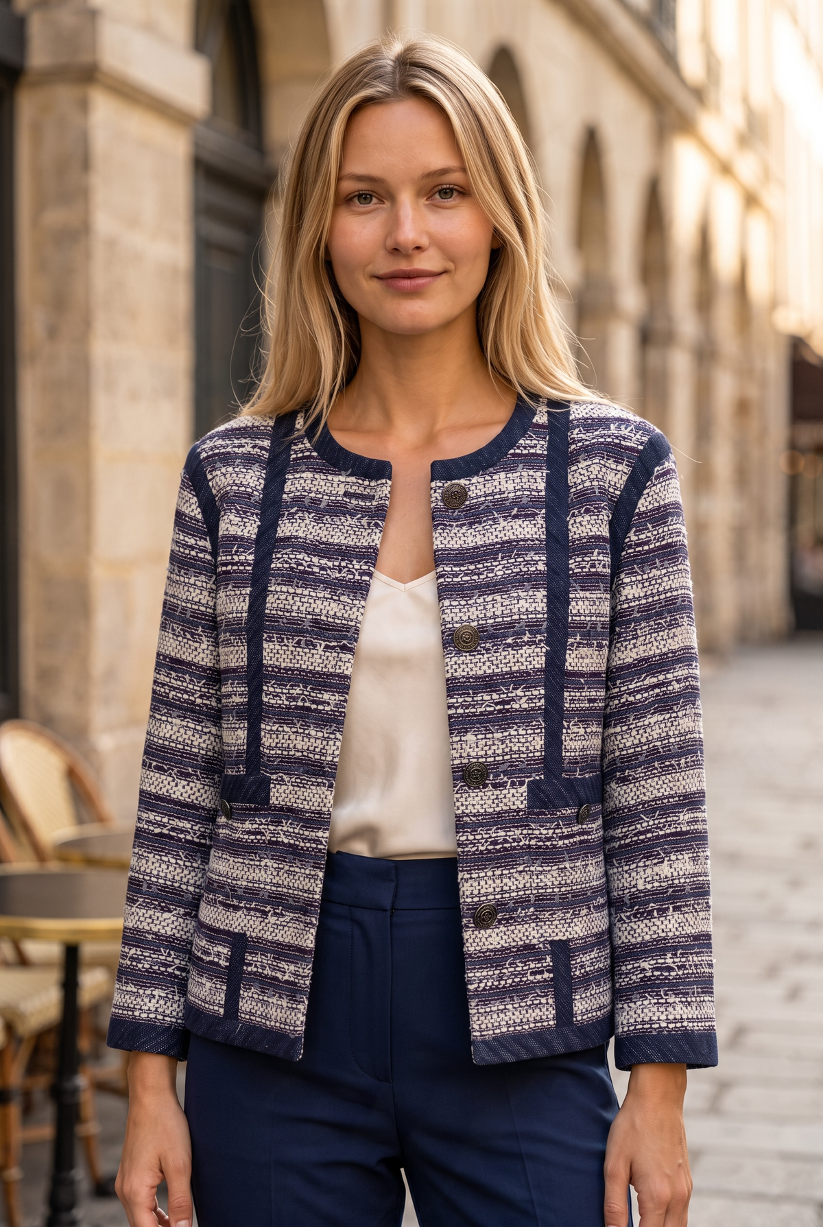 Chanel 13P Paris-Singapore Navy Blue White Tweed Jacket FR 46